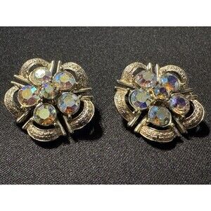 Vintage 1960s Signed CORO Light Gray AB Rhinestones Round Clip-On Earrings